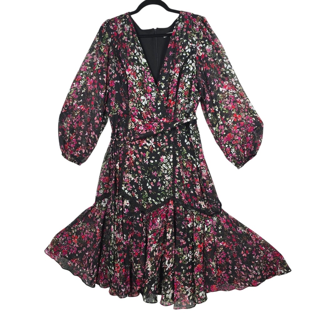 Danny and Nicole Women 16 Black Floral Chiffon Midi Dress Lace Trim Tiered NWT